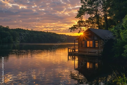 cabin lake lakeside serene tranquil peaceful nature sunset golden hour warm atmospheric cozy reflection getaway escape solitude  © Lucija