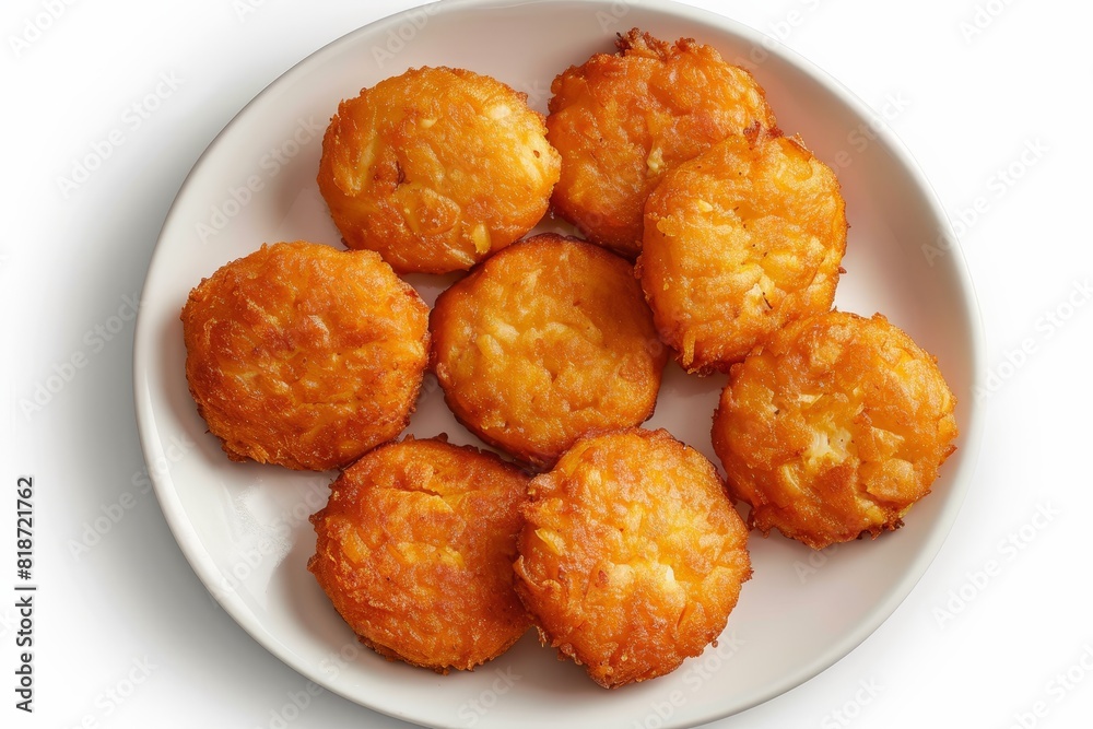 A detailed and golden top view of crab cakes on a white background A detailed and golden top view of crab cakes on a white background