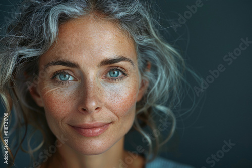 Grey-haired beautiful white 50 years old woman with blue eyes against minimalist blue backdrop
