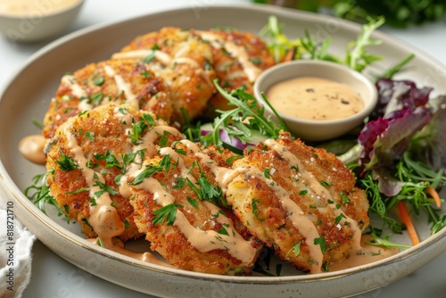 A plate of detailed golden crab cakes, viewed from the top on a white background