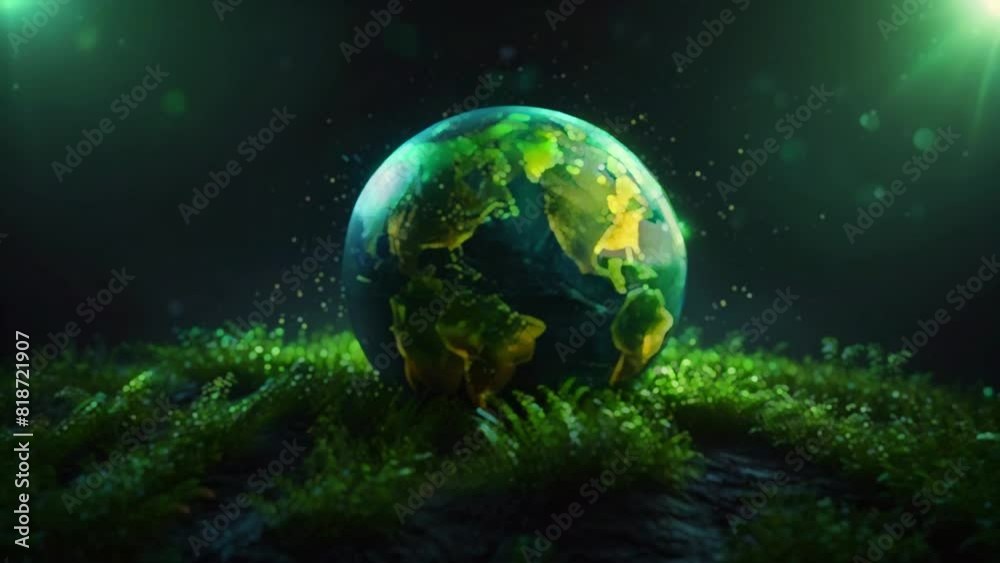 Embark on a visual journey with this generative AI video, where a uniquely designed globe is embellished with lush green grass, reflecting its commitment to environmental sustainability against a natu
