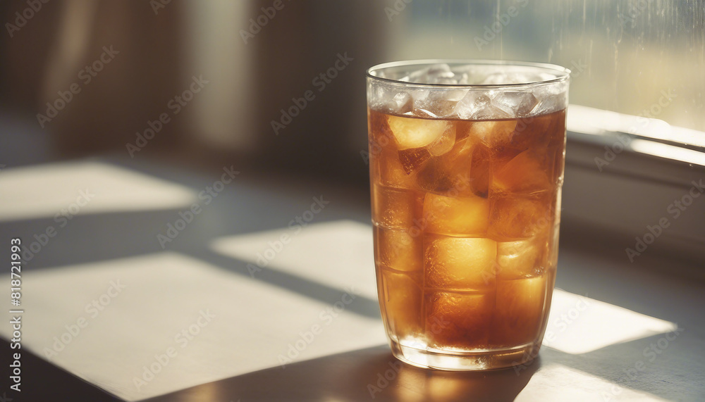 A frosted glass of iced tea on a sunlit windowsill
