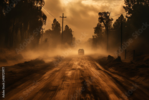 Mysterious Car Driving on Dusty Rural Road at Sunset photo