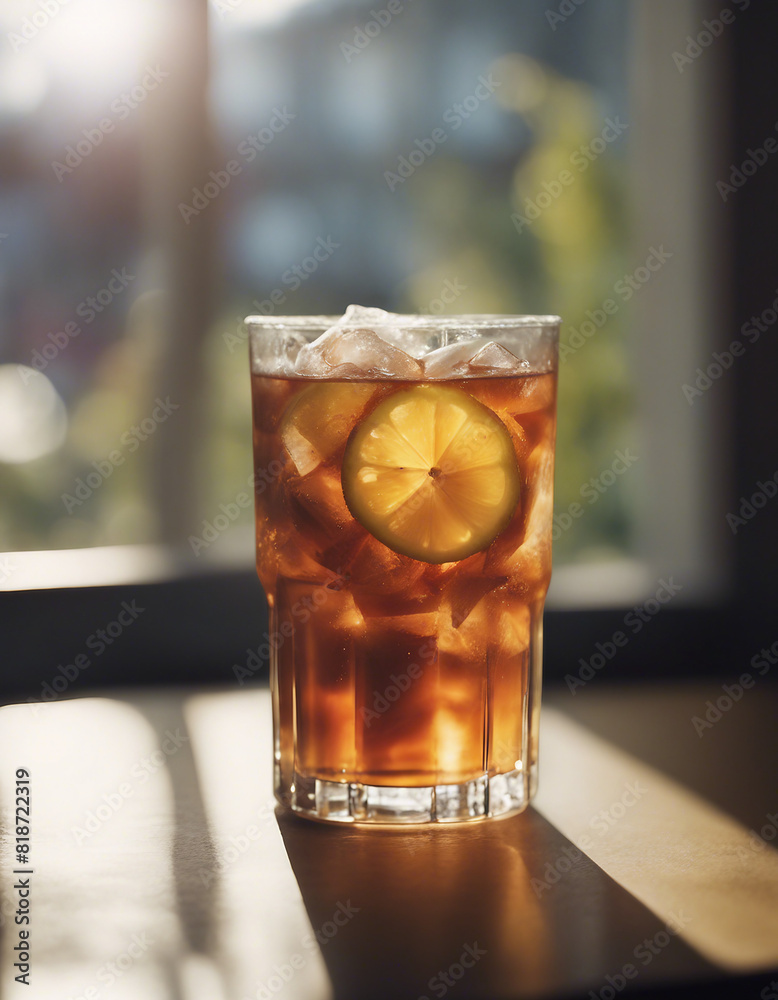 A frosted glass of iced tea on a sunlit windowsill
