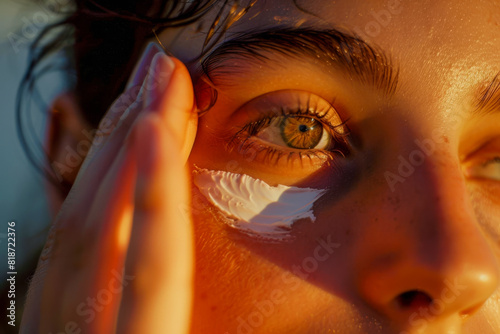 Close Up of Person Applying Skincare Cream to Face at Sunset for Radiant Skin
