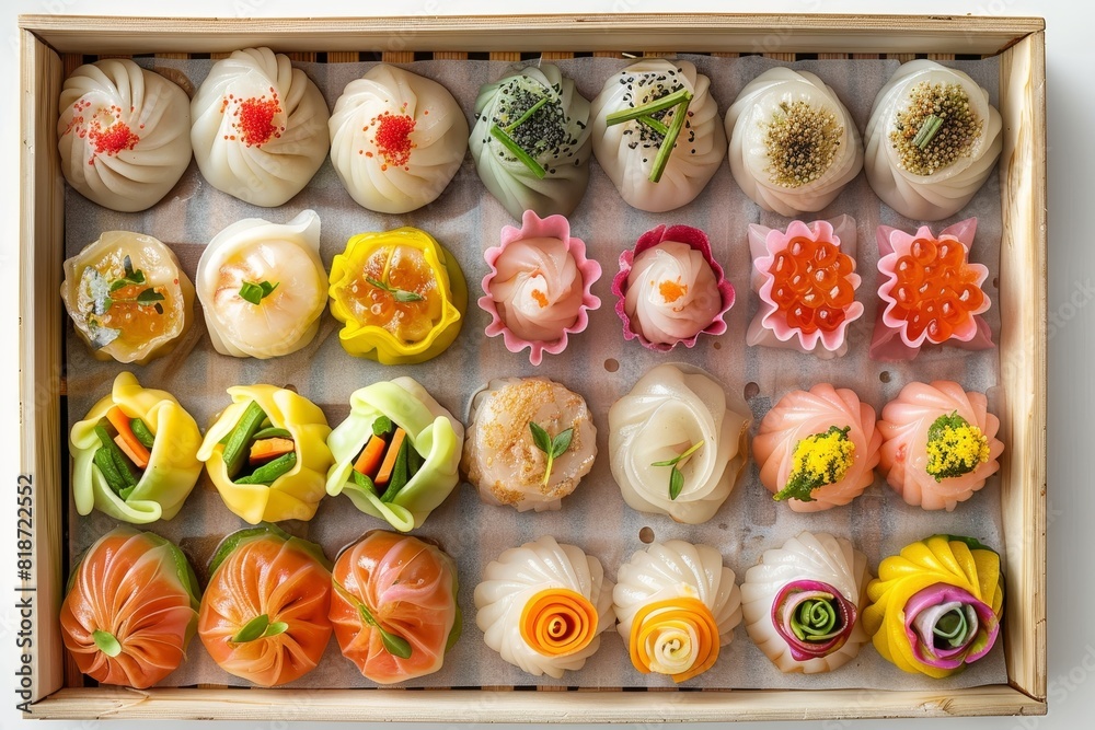 Tray of assorted dim sum, viewed from the top, isolated on a white background