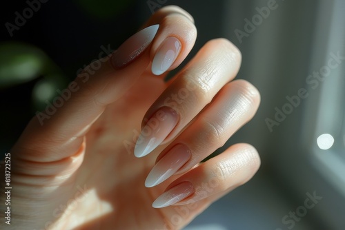 Close-up french manicure on a white background. Well-groomed female hands. Healthy nail enamel.. Beautiful simple AI generated image in 4K  unique.