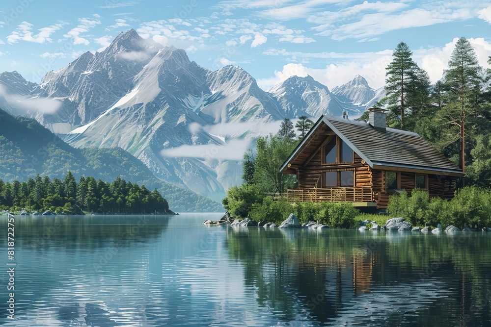 cabin lake mountains nature landscape retreat serene peaceful cozy rustic wooden isolated tranquil scenic trees water reflection waterfront 3d illustration 
