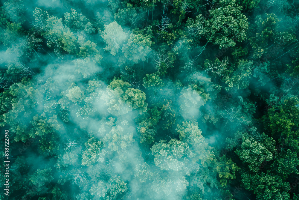 Fototapeta premium Aerial View of Misty Forest Canopy in Dawn Light