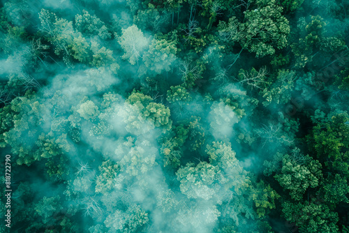 Aerial View of Misty Forest Canopy in Dawn Light
