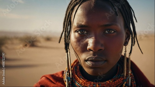 A Maasai woman with dreadlocks and a colorful necklace is standing in a desert photo