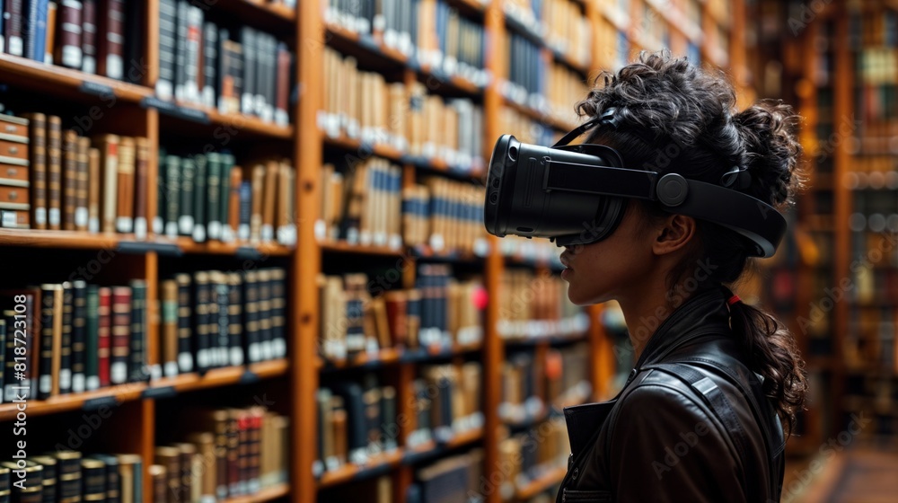 A woman is seen wearing a virtual reality headset while standing in a library filled with books. The library shelves are visible in the background as she explores the virtual world through the headset
