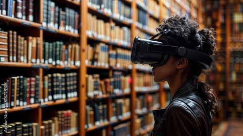 Obraz na płótnie A woman is seen wearing a virtual reality headset while standing in a library filled with books. The library shelves are visible in the background as she explores the virtual world through the headset w salonie