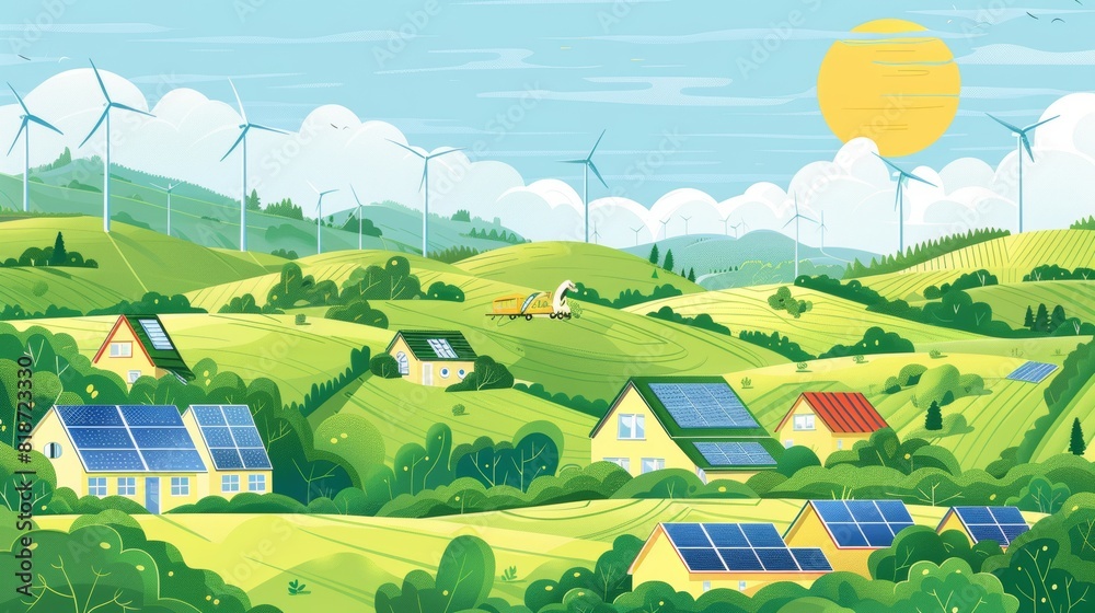 A picturesque landscape featuring solar-powered homes nestled among rolling hills and wind turbines, with ample space in the sky for overlaying text or graphics emphasizing renewable energy