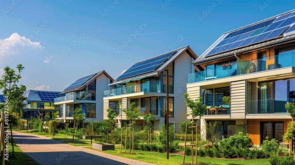 An eco-friendly residential area showcasing modern architecture and integrated solar energy systems, with clear skies providing a canvas for adding text or graphics focusing on community resilience