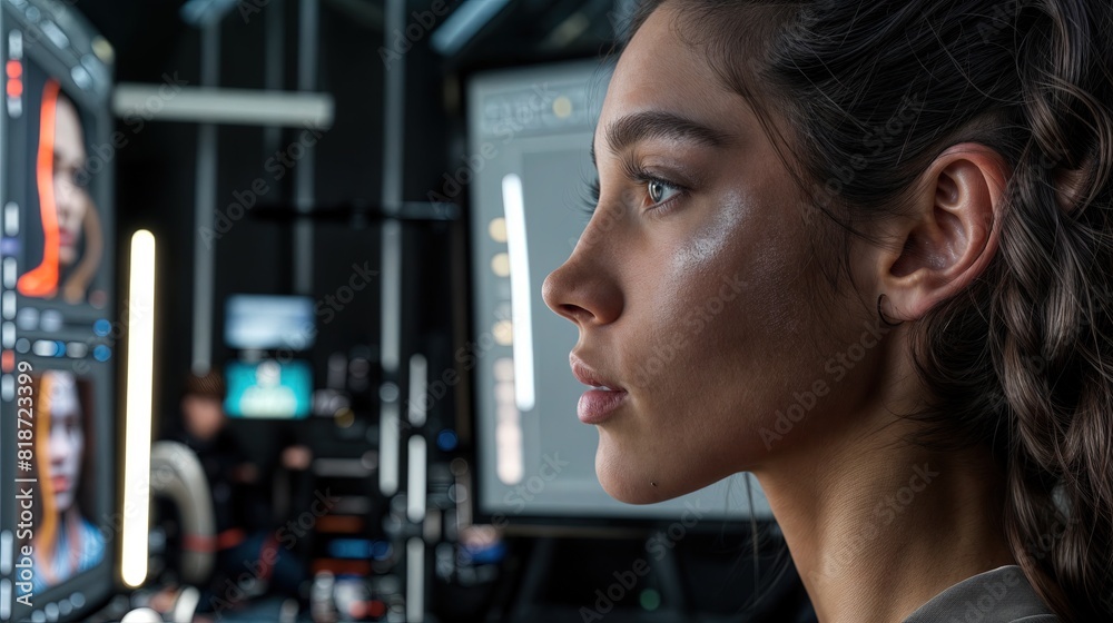 A woman with a ponytail is standing in a futuristic sci-fi setting. She appears focused and determined, blending with the high-tech environment around her A woman with a ponytail is standing in a futuristic sci-fi setting. She appears focused and determined, blending with the high-tech environment around her
