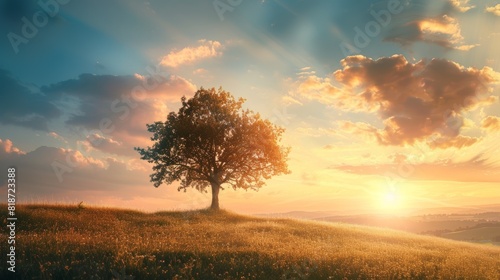 A tranquil landscape with a single tree and a sunset sky, symbolizing peace and mental clarity, with a large open area of sky for text or graphics