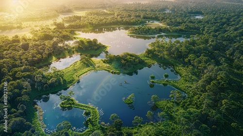 A bird's eye view of a sprawling national park with diverse ecosystems and wildlife habitats, providing ample space for highlighting eco-tourism opportunities and conservation projects photo