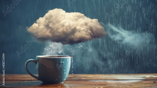 A coffee cup with a storm cloud above it, steaming rain, creatively linking weather moods to personal feelings photo