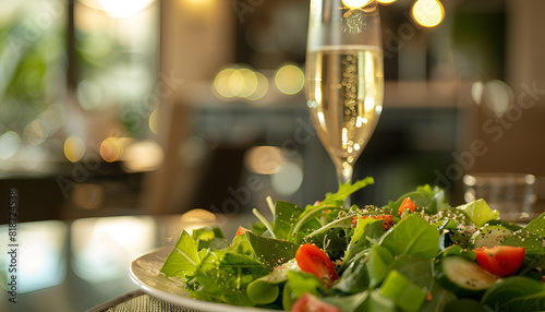 cesar salad with a glass of champagne, dining room at background