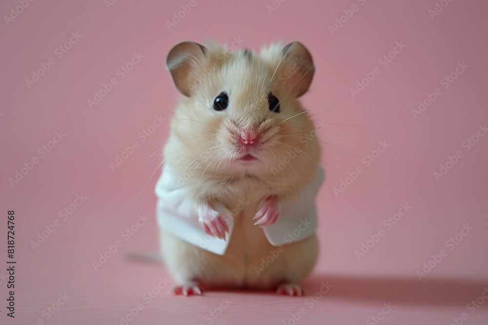Adorable Hamster in White Coat Against Pink Background Adorable Hamster in White Coat Against Pink Background