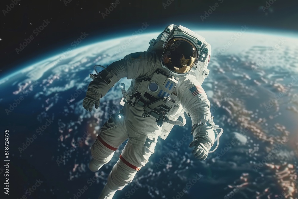 Fototapeta premium Astronaut in space with helmet floating in front of the Earth
