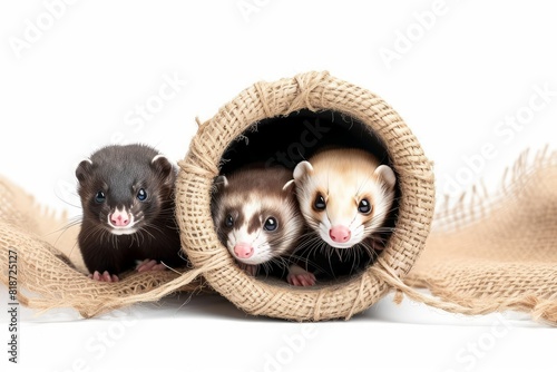 Ferret Tunnel Racing: Capture the fun and speed of ferrets racing through tunnels. photo on white isolated background