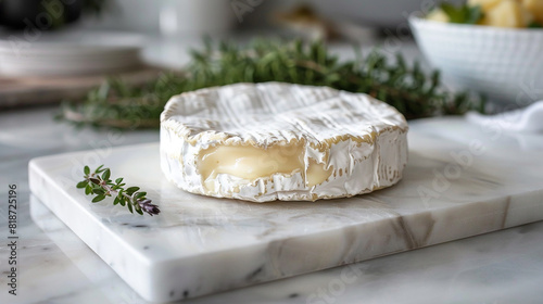 A perfectly round, creamy brie cheese with a soft, white bloomy rind, displayed on a marble slab. photo