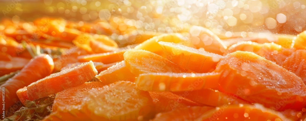 A crisp close-up of sliced carrots, focus on the intricate patterns of the cuts, copy space at the top, for lively orange shades Double exposure silhouette with a sunny field A crisp close-up of sliced carrots, focus on the intricate patterns of the cuts, copy space at the top, for lively orange shades Double exposure silhouette with a sunny field