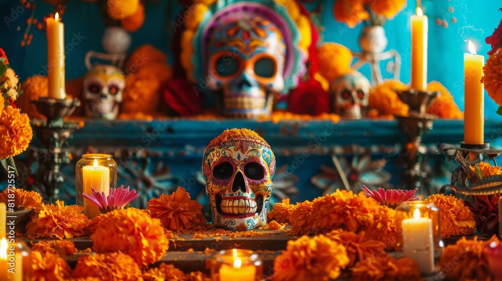 Fototapeta premium Festive Day of the Dead altar with colorful skull, candles, and flowers in close-up view