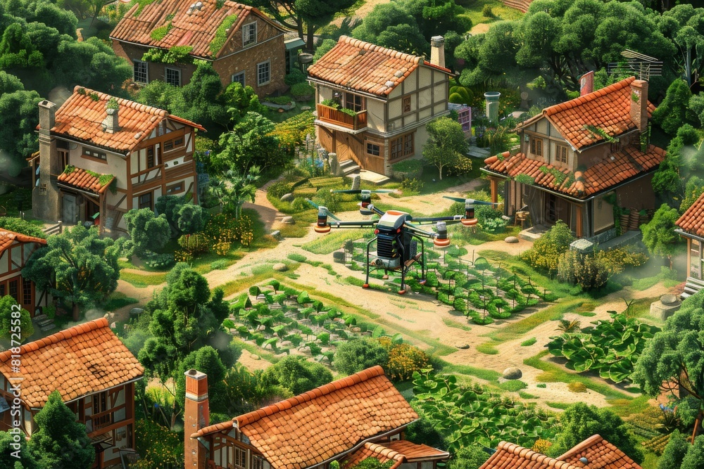 Smart isometric crop farming with lush green farm management using drone technology for aerial view, corn spraying, carrot farming, and sustainable agricultural development.