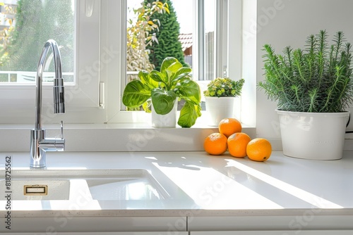 Modern white minimalistic kitchen interior details. Stylish white sink near mandarins High-resolution. Beautiful simple AI generated image in 4K, unique.