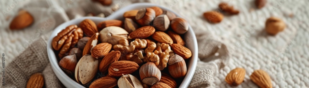 A heart-shaped dish filled with mixed nuts, surrounded by scattered almonds and walnuts on a textured tablecloth, promoting heart health