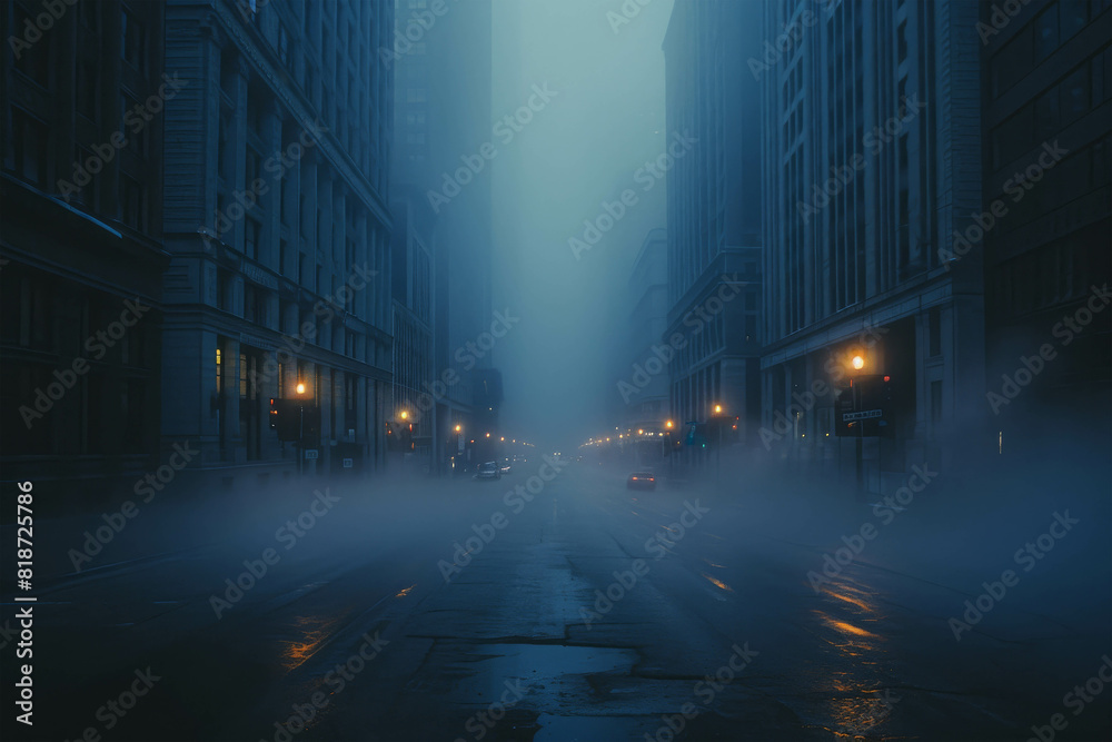 The dark and foggy city street with vintage cars.