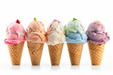 Five ice cream cones in a row with different flavors.