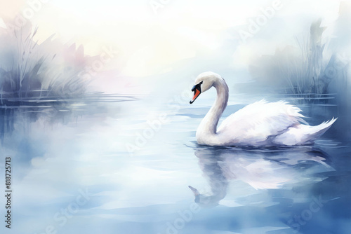 Graceful swan glides through the still waters of a lake, its reflection shimmering in the sunlight.