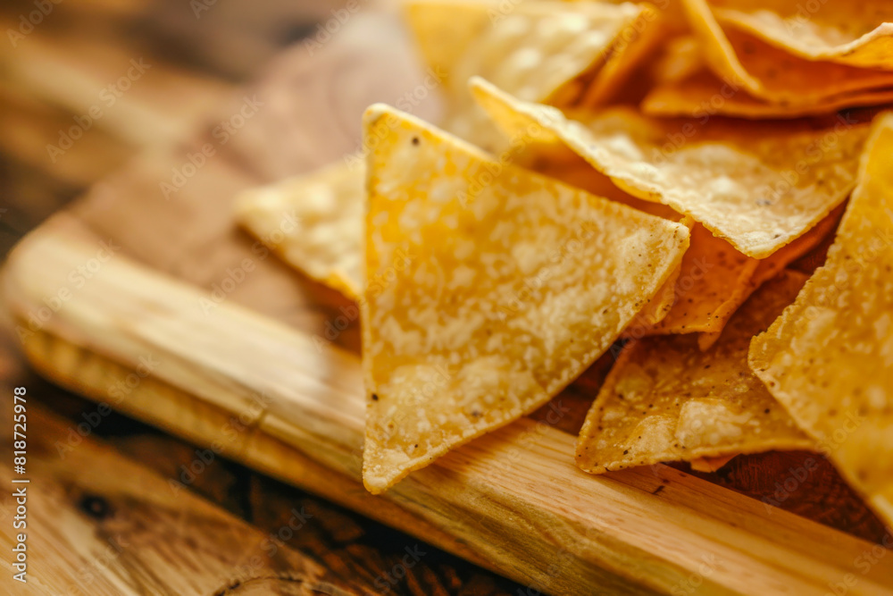 Close Up of Golden Crispy Tortilla Chips on Wooden Cutting Board Close Up of Golden Crispy Tortilla Chips on Wooden Cutting Board