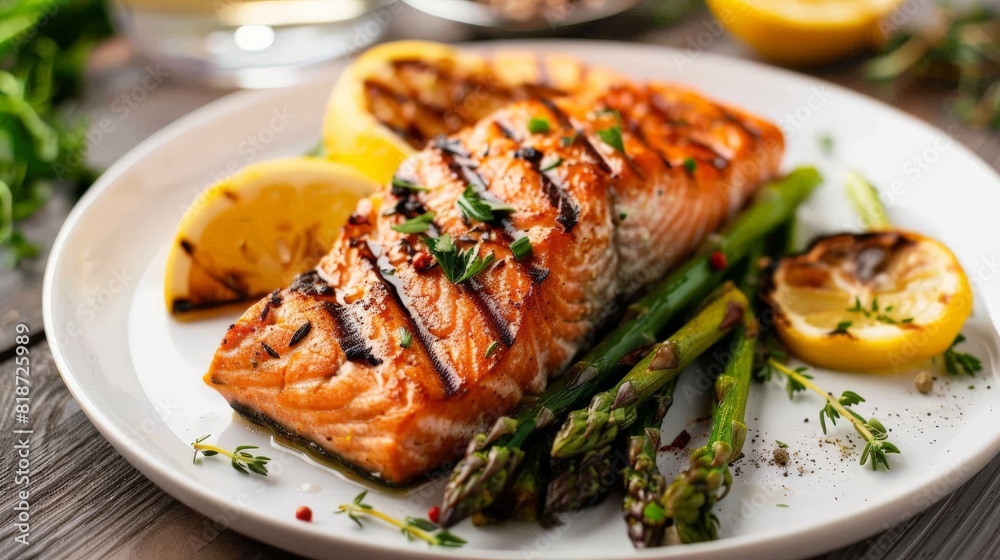 A neatly arranged plate of grilled salmon with a side of asparagus and lemon slices, on a simple white plate, focusing on a protein-rich meal A neatly arranged plate of grilled salmon with a side of asparagus and lemon slices, on a simple white plate, focusing on a protein-rich meal