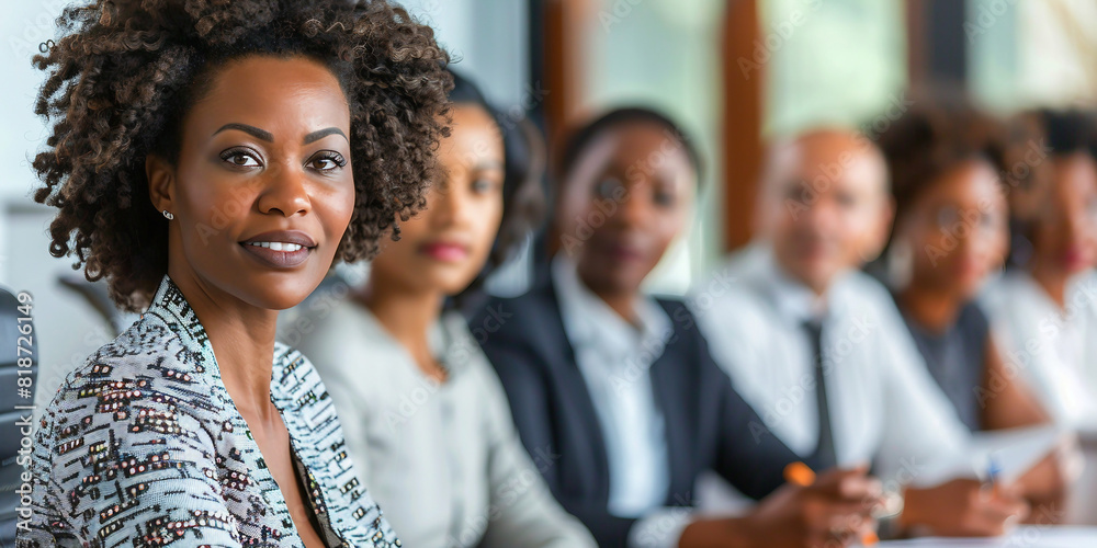 African American Businesswoman sitting in the conference with a group of people, coworkers. She has a professional look, elegant clothes and friendly smile African American Businesswoman sitting in the conference with a group of people, coworkers. She has a professional look, elegant clothes and friendly smile