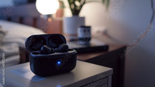 Wireless earbuds in a charging case on a bedside table, highlighting the convenience and portability of these compact audio accessories. photo