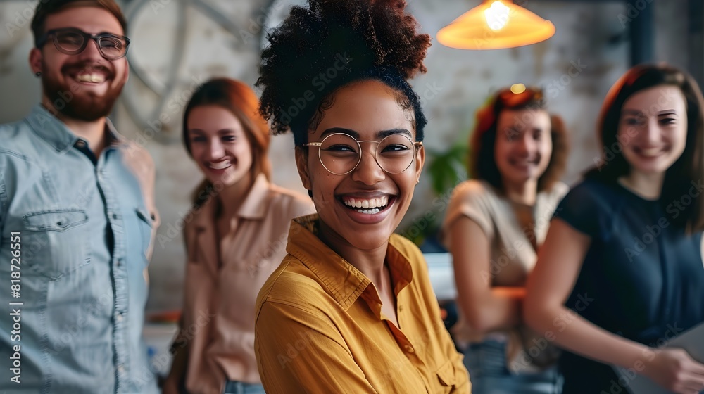 confident smiling black women standing in the office with her colleagues confident smiling black women standing in the office with her colleagues