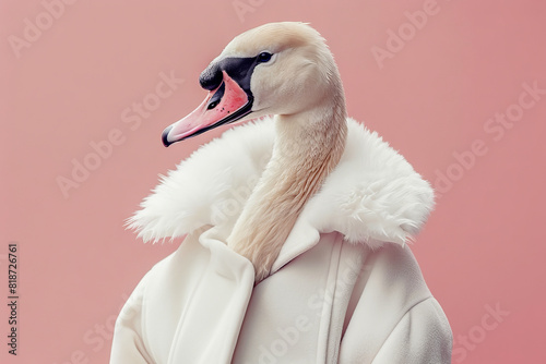 Fototapeta Naklejka Na Ścianę i Meble -  Elegant Swan Wearing Stylish White Coat Against Pink Background