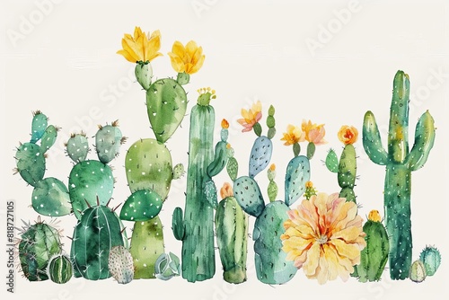 cacti botanical yellow vibrant minimal assortment variety watercolor nature plants succulent desert southwestern illustration  photo
