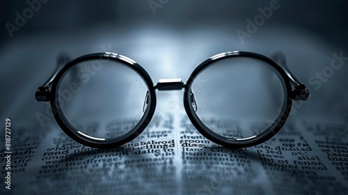 A pair of glasses focusing on a blurred text, with the text coming into clarity through the lenses, symbolizing clarity and understanding photo