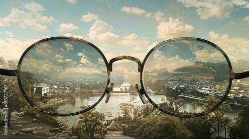 A pair of glasses that when worn, reveal an augmented reality overlay of historical events on current landscapes, merging past with present