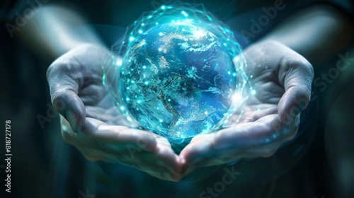 A pair of hands holding a small, glowing digital world, representing control and innovation in the digital era