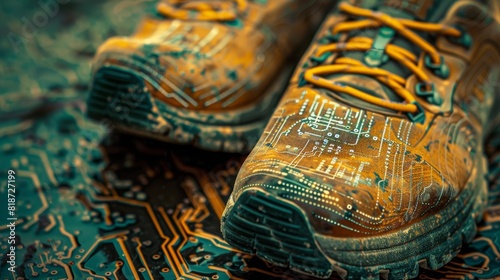 A pair of shoes that leave footprints of digital code, illustrating the digital footprint we leave behind © kitinut