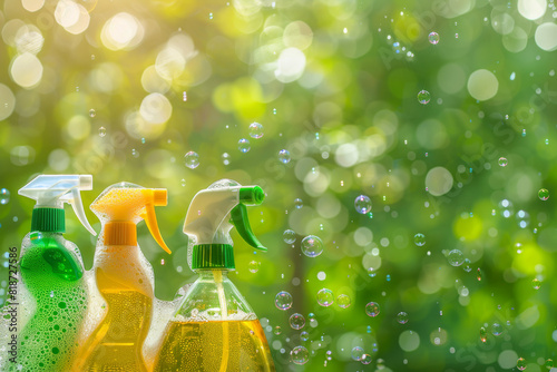 Three cleaning sprays are on a green background