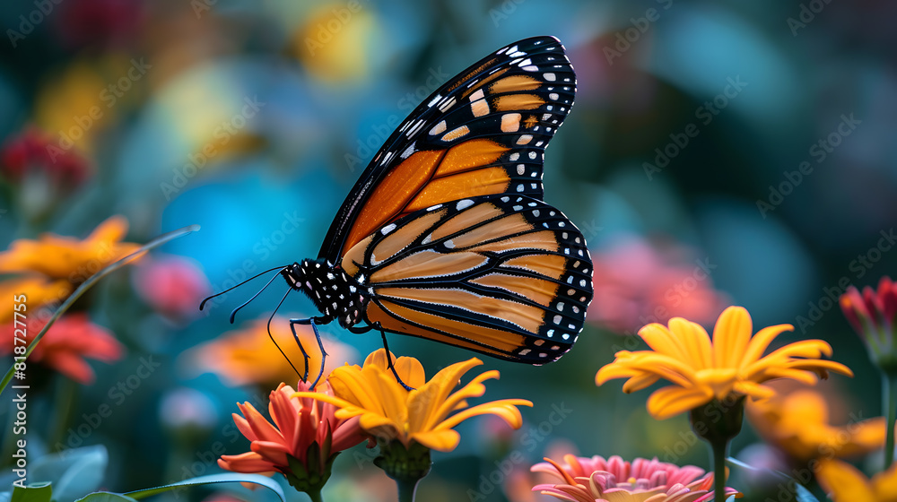 Fototapeta premium A monarch butterfly, with vibrant flowers as the background, during spring migration