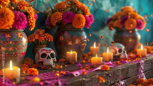 Mexican Day of the Dead background featuring skull, candles, and floral decorations © Richafuji